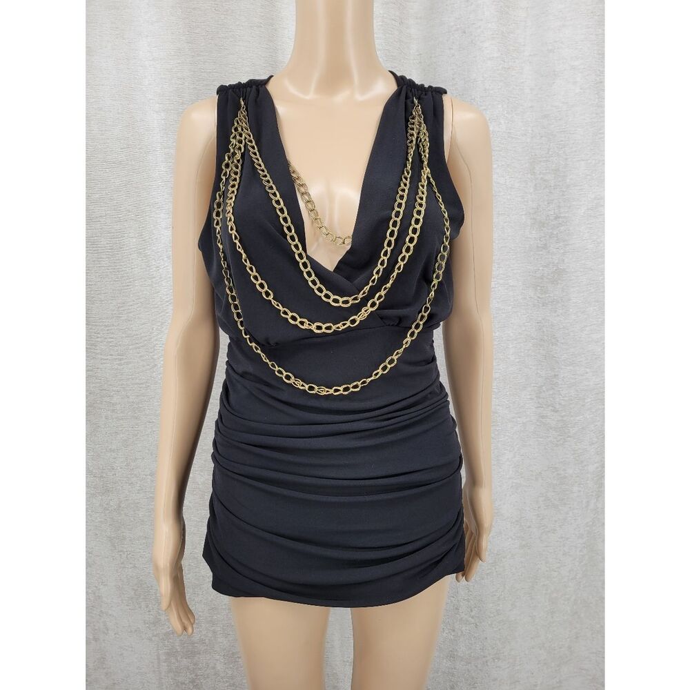 Cache Y2K Black Draped Chain Detail Cowl Neck Ruched Tank Top